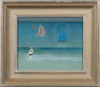 * Charles Howard [b.1922]- Bather and Three Boats,:- signed and dated '79, oil on board, 21 x 26cm.