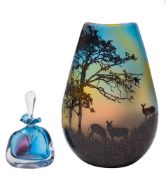 *Ed Burke [Contemporary] a glass vase and scent bottle: the former of flattened oviform, the blue,