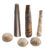 *Val Barry [1937-2018] three porcelain 'chimney' vases and three stoneware boxes and covers: the