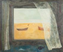 * Susan Caines [b.1935]- Beach and Boats with Curtain,:- oil on canvas, 73 x 89cm.