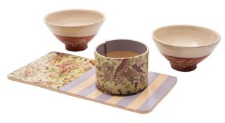 A small group of studio pottery: comprising a Virginia Graham beaker and stand transfer decorated
