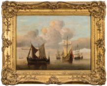Circle of Peter Monamy [18th Century]- Dutch shipping in a calm,:- oil on panel, 31 x 43cm.