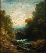 William Ward Gill [1823-1894]- A wooded river pool, figures on a bridge,