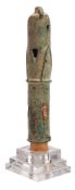 A bronze mace head: of cylindrical form with pierced triangular decoration, 20cm. high.