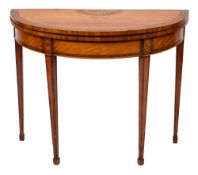 A George III satinwood and inlaid half-round card table:,