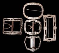 Five assorted silver shoe buckles, various makers: including two paste set examples, (5).