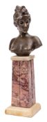 After Emmanuele Villanis, a bronze female bust : mounted on a polished marble plinth base,
