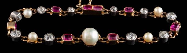 A ruby, diamond and pearl mounted bracelet: of graduated round old,
