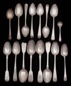 A collection of assorted George III and later silver teaspoons,