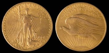 An American Saint Gaudens 20 dollar coin dated 1908,: approximately 33.5gms gross weight.