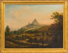 English School 19th Century - From The Meadows, Launceston Castle, looking across The River Kensey,