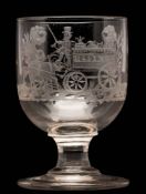 A mid 19th century English glass rummer: engraved with a horse drawn cart inscribed 'Hellings',