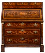 An early 19th Century Dutch mahogany, inlaid and floral marquetry cylinder fronted bureau:,