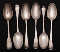 Six 18th Century Dutch and English silver Hanoverian pattern tablespoons,