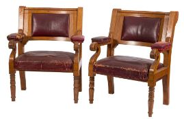 A set of six late Victorian oak open armchairs from a Masonic Hall:,
