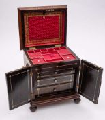 A Victorian rosewood and mother-of-pearl inlaid table top vanity cabinet: with shallow domed hinged