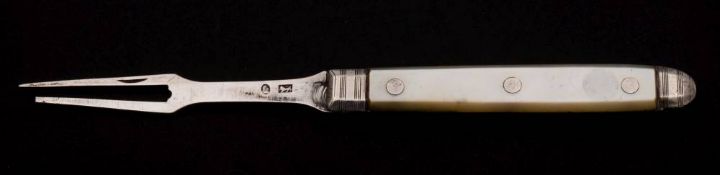 A late George III silver folding fruit fork, unknown maker, circa 1810: with mother-of-pearl handle,