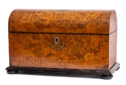 A Victorian burr walnut and brass inlaid tea caddy: of rectangular outline,