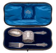 A late Victorian silver three-piece christening set, maker Goldsmiths & Silversmiths Co, London,