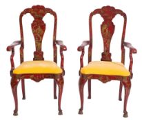 A pair of Edwardian crimson lacquer and chinoiserie elbow chairs in the Queen Anne taste:,