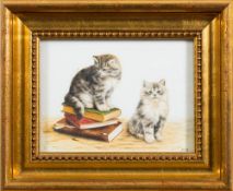 Bessie Bamber [19/20th Century]- Kittens and books,:- signed with initials oil on opaque glass, 13.