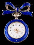 A blue enamelled fob watch of star motif detail: the white enamelled dial with Arabic numerals,