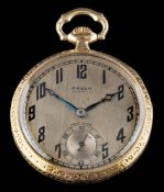 A slim cased 'Gruen' open face pocket watch: the dial with Arabic numerals and subsidiary seconds