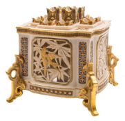 An unusual Royal Worcester Japonesque multiple flower vase: of shaped square form with reticulated