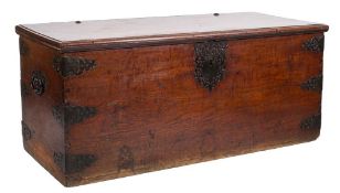 An 18th Century Dutch Colonial teak and brass mounted rectangular chest:,