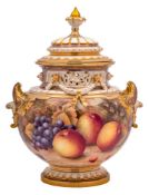 A Royal Worcester pot-pourri vase and cover: painted with apples, peaches,