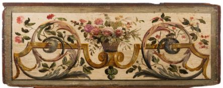 A pair of Continental painted wood panels: with central vase of flowering shrubs flanked by foliate