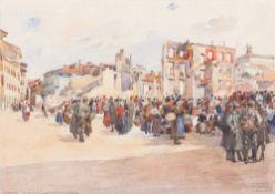 * Ferdinand Pamberger [1873-1956]- Udine Piazza, soldiers and civilians in a crowd:- signed,