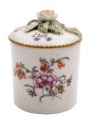 A Derby toilet/pomade pot and cover: of cylindrical form with flower finial,