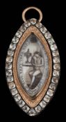 A Georgian paste-set navette-shaped, sepia mourning pendant: depicting a gentleman and urn,