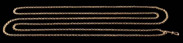 A belcher-link guard chain: stamped '9ct', approximately 145cm total length, 31gms gross weight.