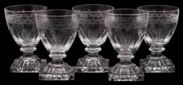 A set of five glass rummers: each bowl with an engraved and frosted band,