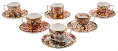 A set of six Royal Crown Derby 'The Curator's Collection' cabinet cups and saucers: each in a named