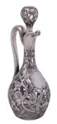 An Art Nouveau period Continental clear glass and silver mounted decanter and stopper: with slender