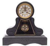 A French black marble mantel clock with visible pendulum: the eight-day duration movement striking