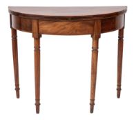 A George III mahogany and inlaid half round tea table:, crossbanded in Kingwood,