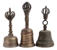 A group of three Tibeton Bajra Ghanti bells: of traditional form, 17-20cm.