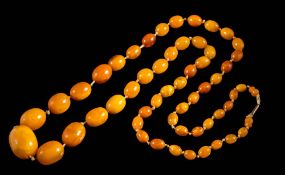 A graduated natural amber bead, single-string necklace: with 56 oblong beads graduated from 10.
