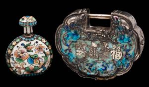 A Chinese silver and enamel lock: of cartouche-shaped outline, 8.5cm.