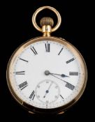 A gentleman's 18ct gold open face pocket watch: the white enamelled dial with Roman numerals and