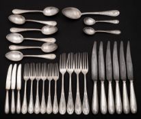 A German silver part flatware service: initialled, includes four table forks, six dessert forks,