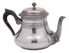 A French silver teapot: of squat globular form, with banded floral decoration, 17cm.