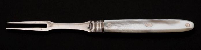 A late George III silver folding fruit fork, unknown maker, circa 1810: with mother-of-pearl handle,