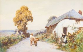John White [1851-1933]- Fisherman delivering fish at a thatched cottage,:- signed, watercolour,