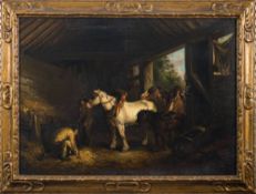 After George Morland, 19/20th Century- A stable interior,:- bears signature top right oil on canvas,