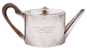 A George III silver teapot, maker's mark overstruck, London, 1796: inscribed, of plain oval outline,